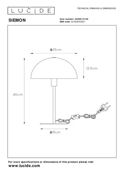 Lucide SIEMON - Lampe de table - Ø 25 cm - 1xE14 - Noir - technique